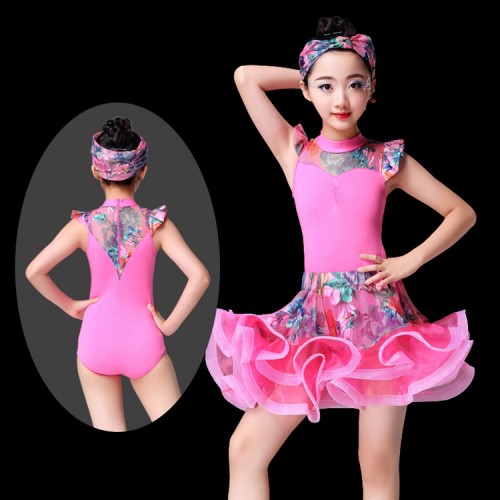Fuchsia yellow printed Child Latin Dance Dresses Girls Dancewear Modern Dance Samba Dresses Kids Vestido Waltz Stage Dance Clothing